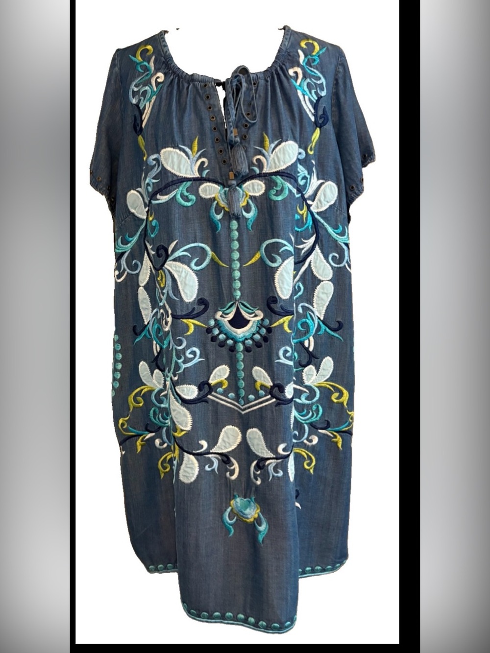 Chelsea & Theodore 1X Embroidered Tencel Shift Dress Blue Boho